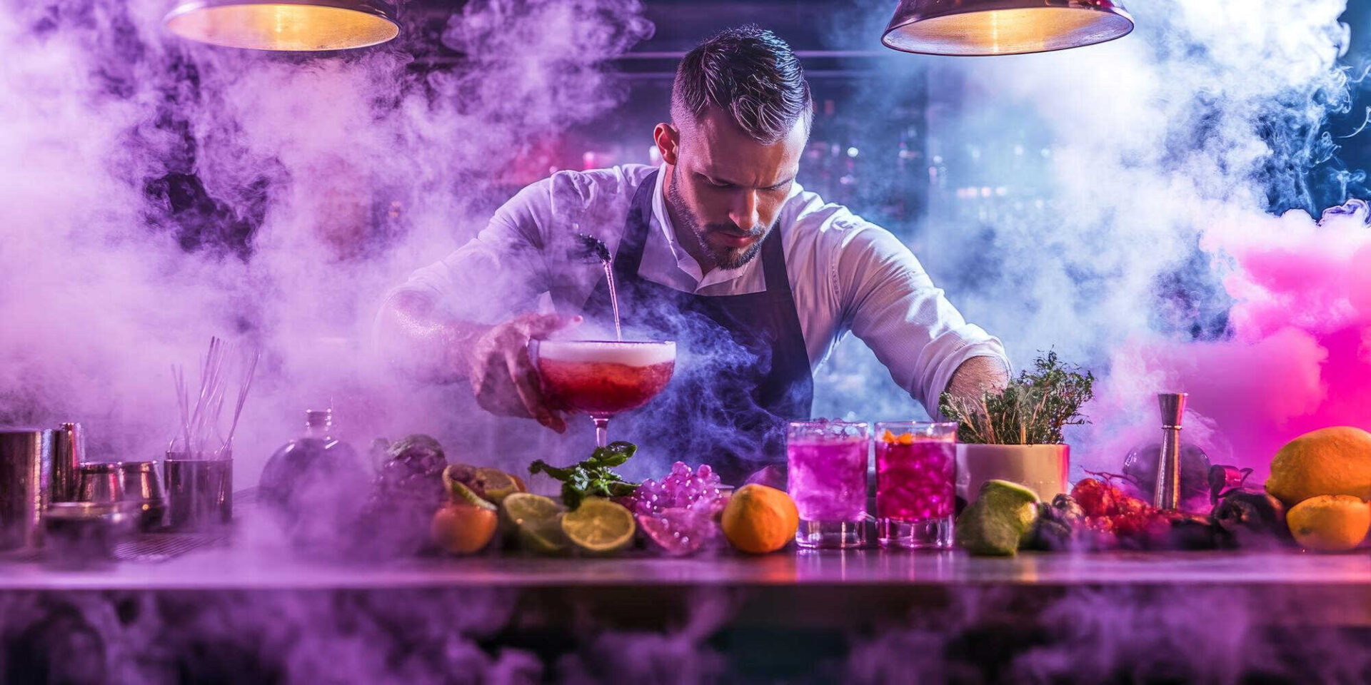 Bartender schenkt een cocktail uit tussen rookslierten