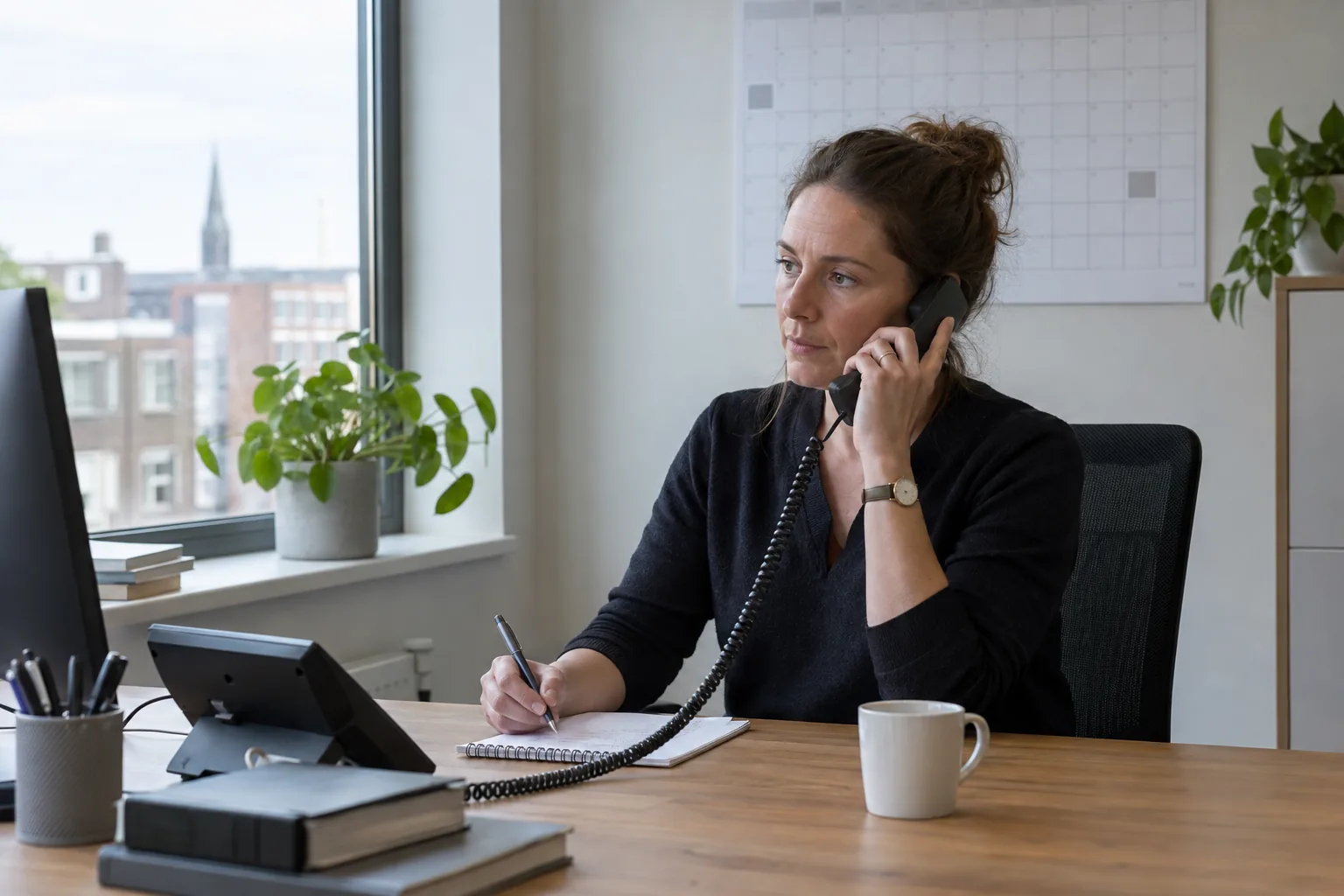 Medewerker neemt de telefoon op en maakt aantekeningen