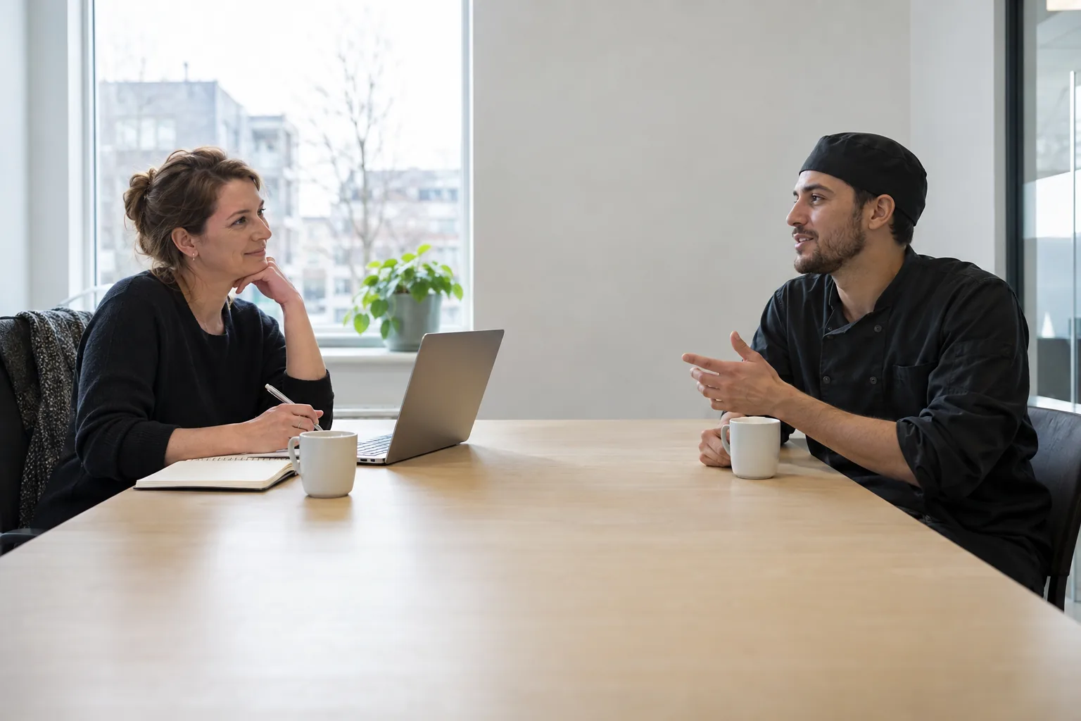 Kennismakingsgesprek tussen een recruiter en een kok aan tafel