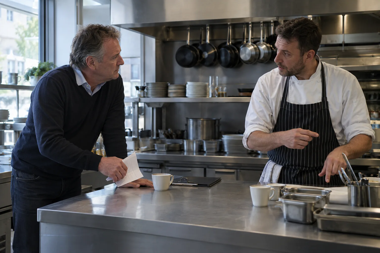 Horecaondernemer en chef-kok overleggen aan de pas