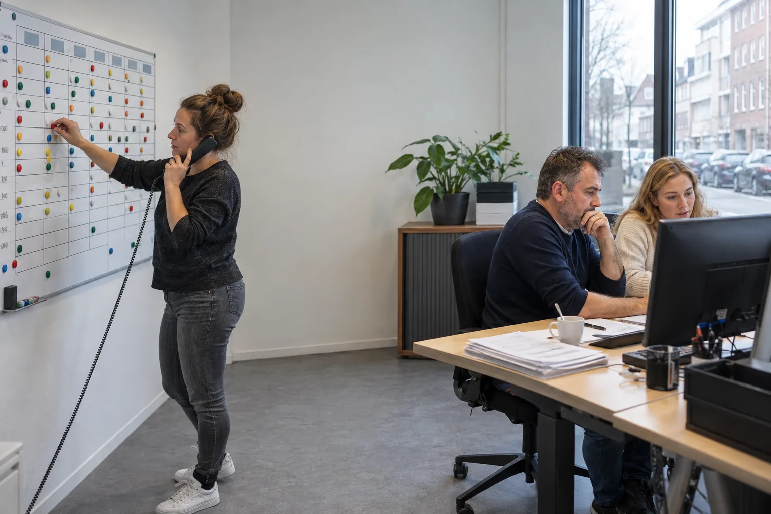 Planners aan het werk bij het weekbord op kantoor