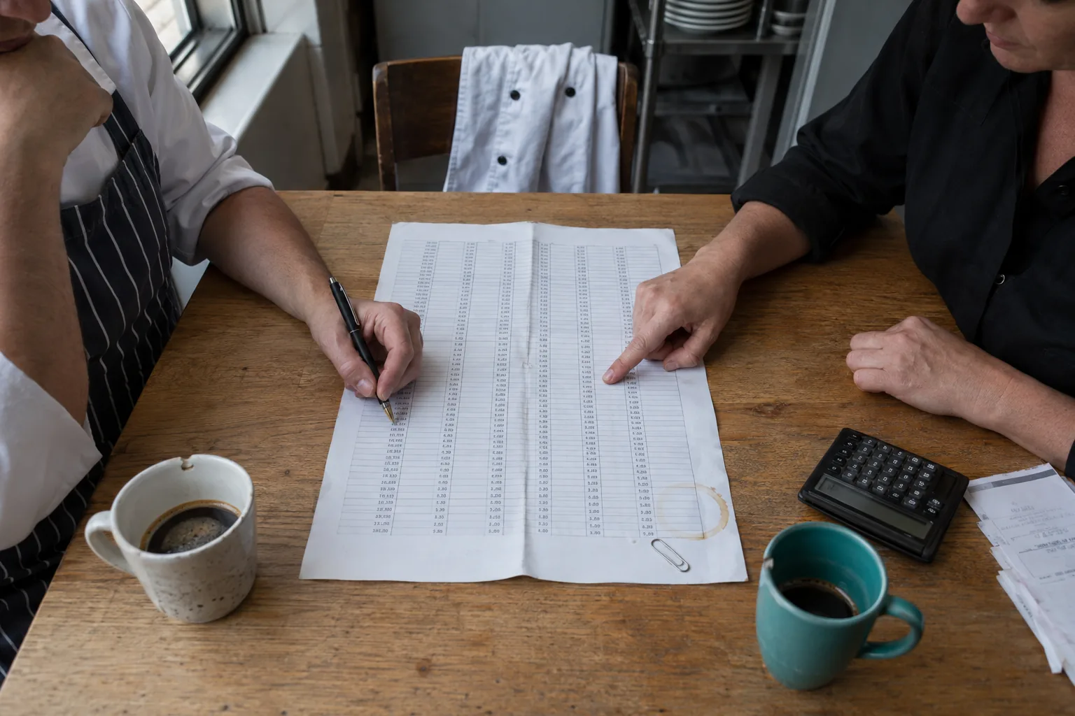 Twee paar handen bij een urenoverzicht met rekenmachine