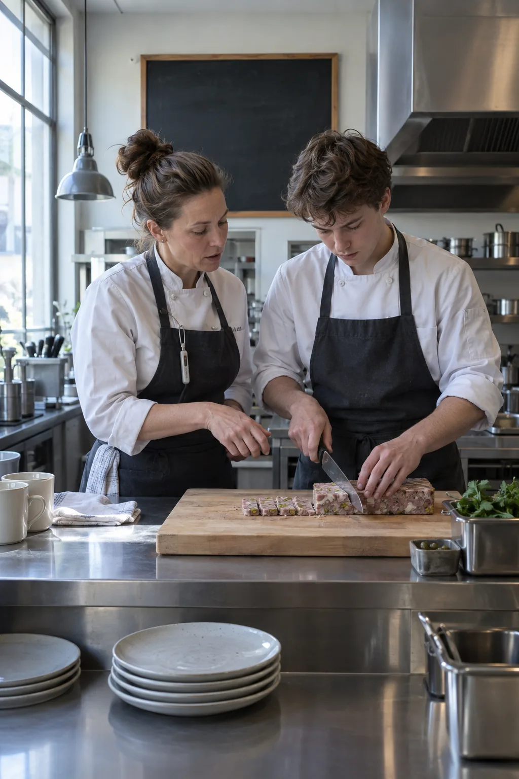Sous-chef legt een commis iets uit bij de mise en place