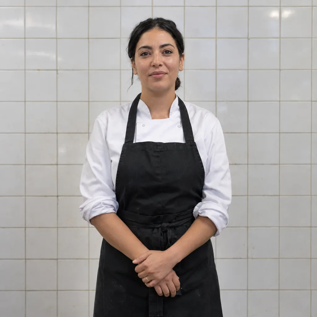 Sous-chef met de handen gevouwen voor een betegelde keukenmuur