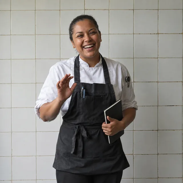 Sous-chef met notitieboekje en thermometer, lachend
