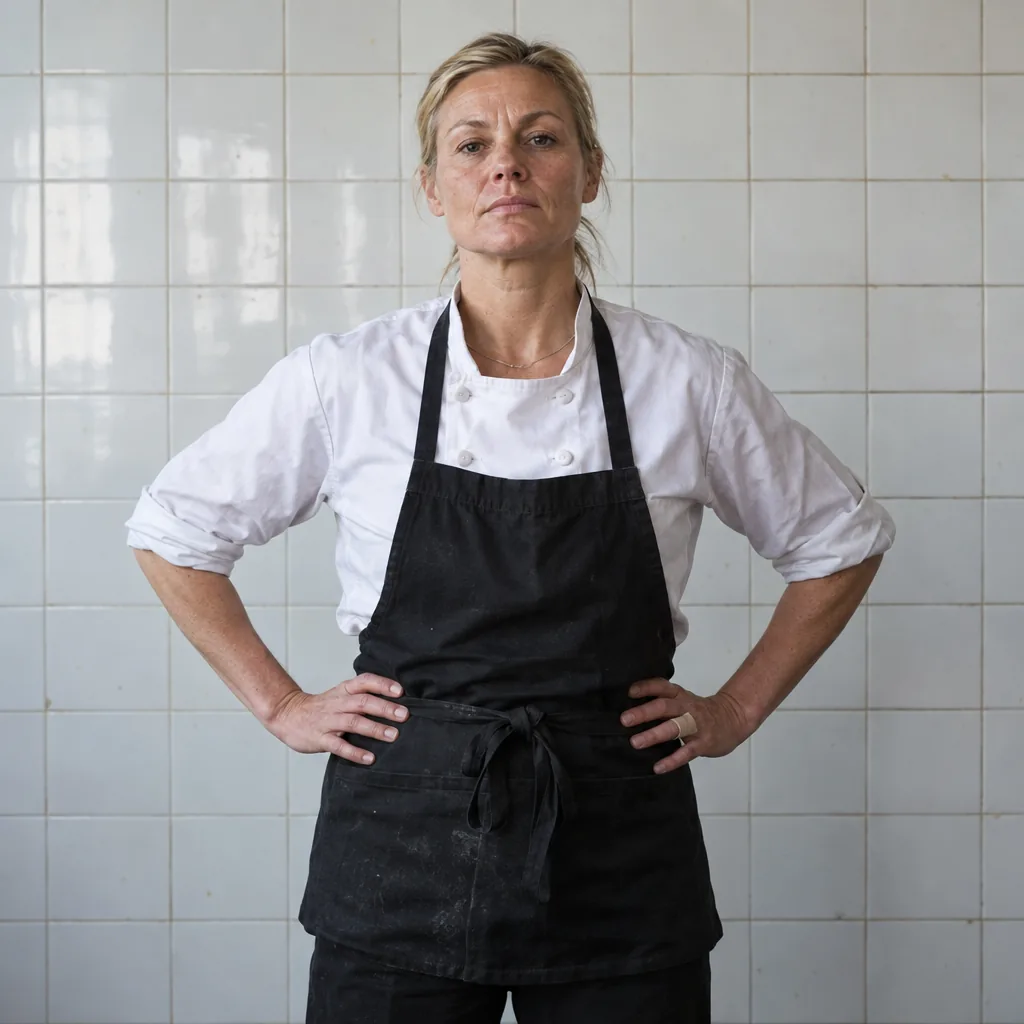 Vrouwelijke kok met haar handen in haar zij