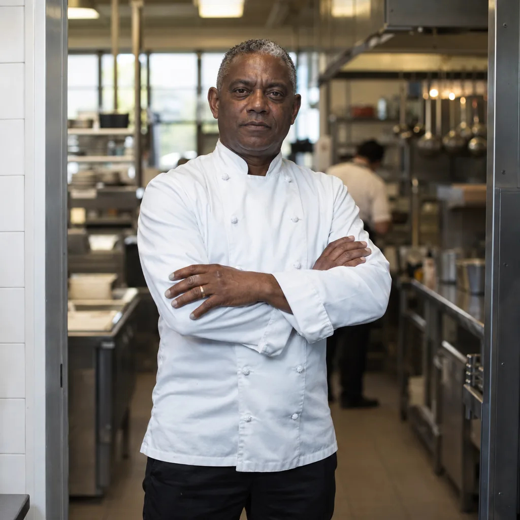 Chef-kok met de armen over elkaar in de keukendeur