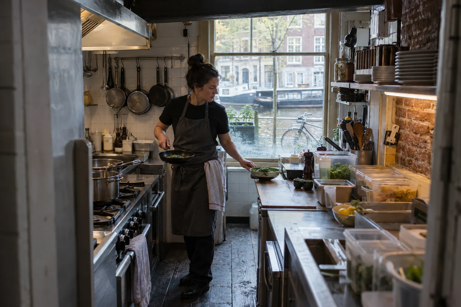 Kok werkt in de krappe keuken van een Amsterdams grachtenpand