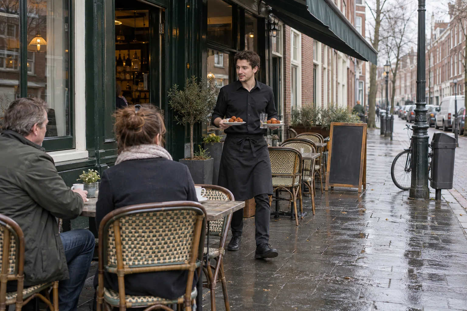 Medewerker brengt borden naar het terras van een Haags eetcafé