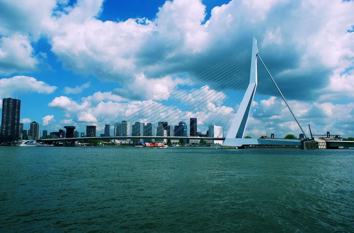 De Erasmusbrug over de Nieuwe Maas met de skyline van Rotterdam