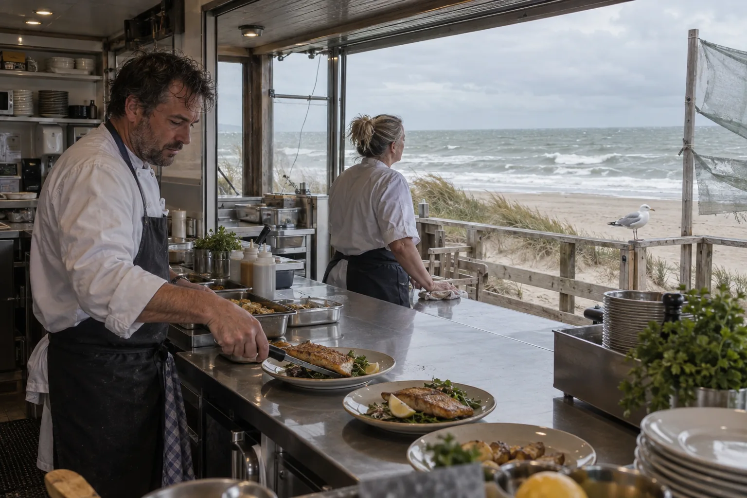 Keuken van een Scheveningse strandtent met de Noordzee achter het luik