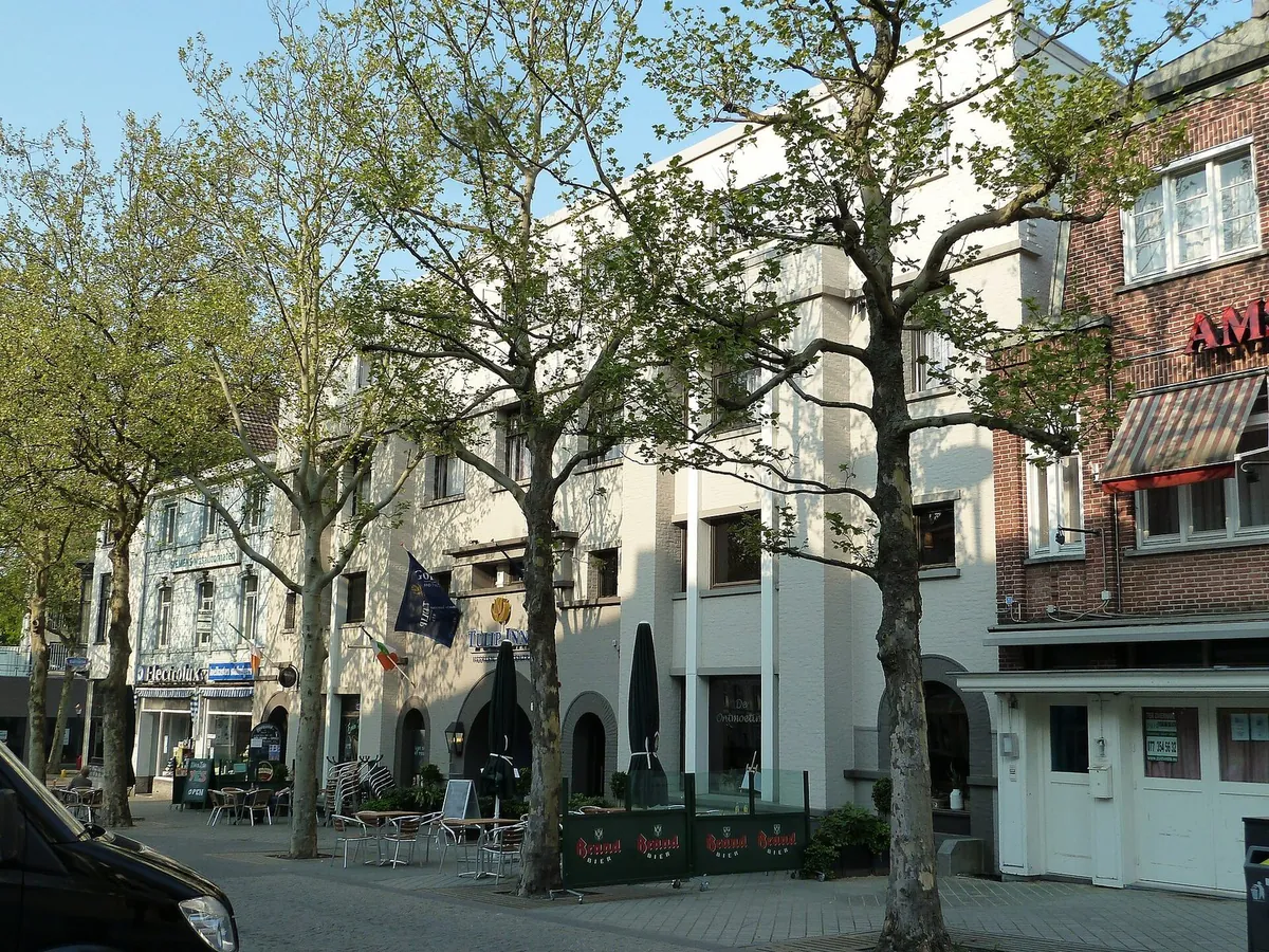 Een winkelstraat met bomen in het Westland