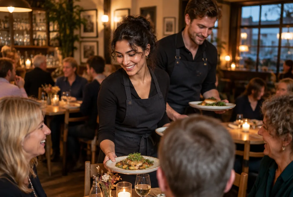 Bediening serveert gasten in een brasserie