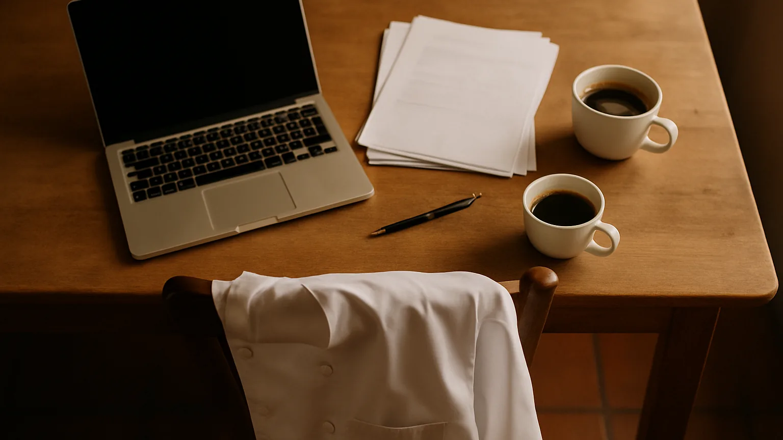 Laptop, een stapel papieren en twee kopjes koffie op een houten tafel, met een koksbuis over de stoelleuning