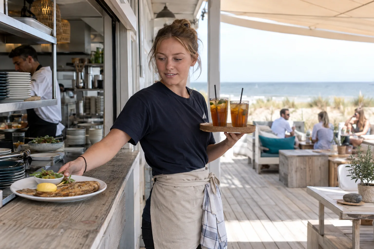 Runner pakt borden en drankjes van het doorgeefluik van een beachclub