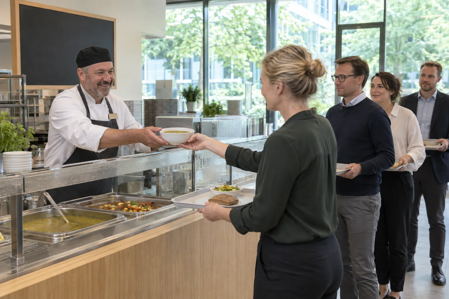 Kok geeft een kom soep aan over de lunchbalie van een bedrijfsrestaurant