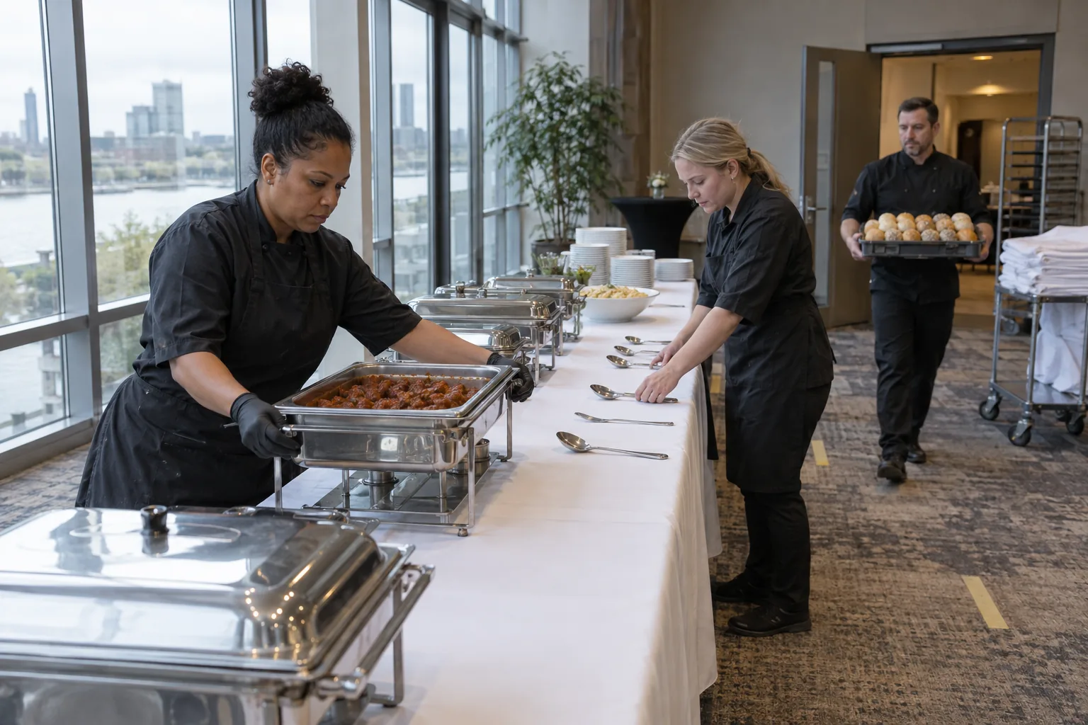 Cateringmedewerkers bouwen een buffet op voor een zakelijke lunch