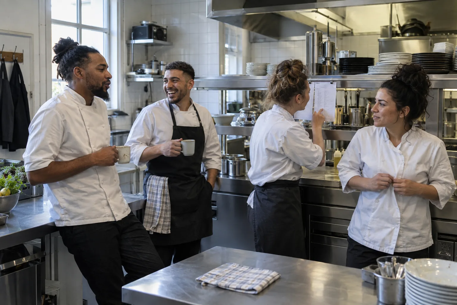 Keukenteam verzamelt met koffie voor het begin van de dienst