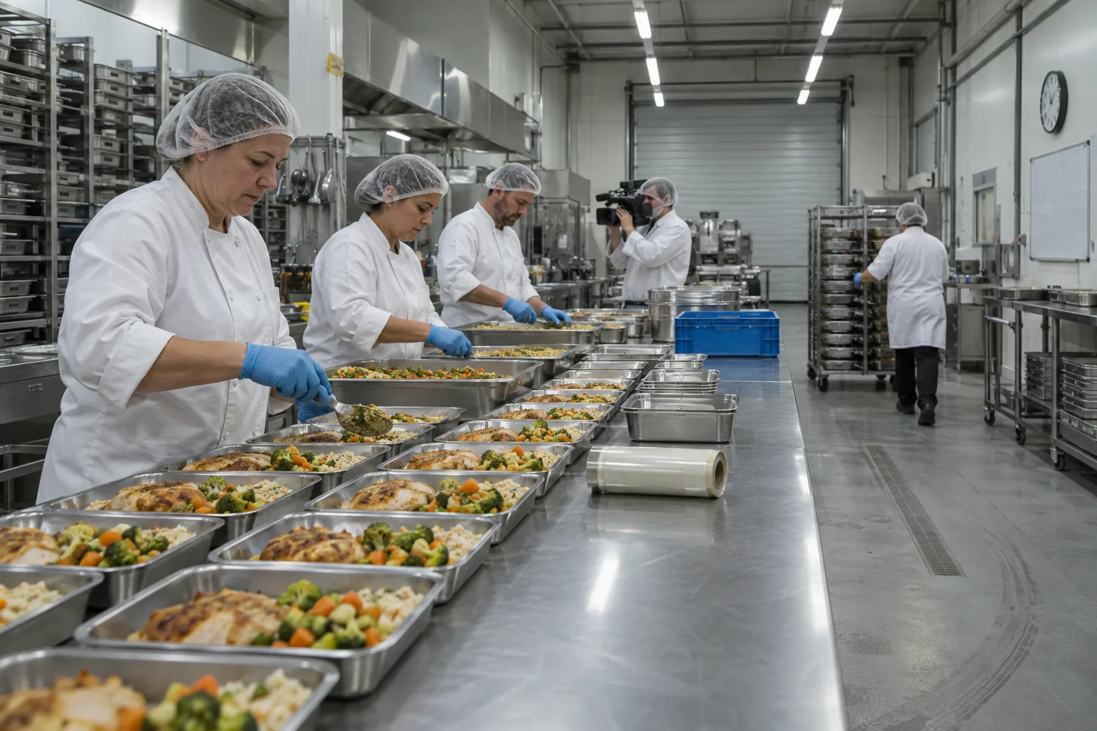 Portioneerlijn in een cateringproductiekeuken
