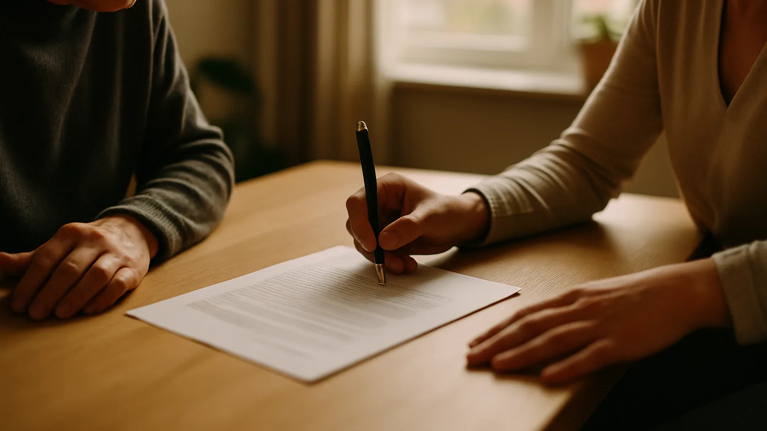 Twee mensen aan een tafel, een van hen zet een handtekening onder een document