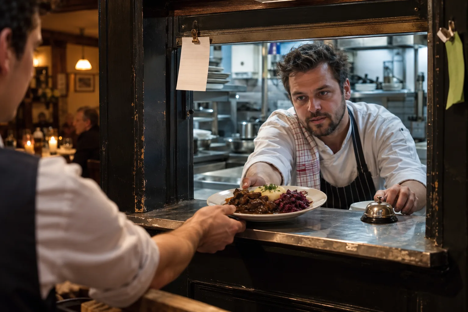 Kok zet een bord in het doorgeefluik van een eetcafé en tikt de bel aan