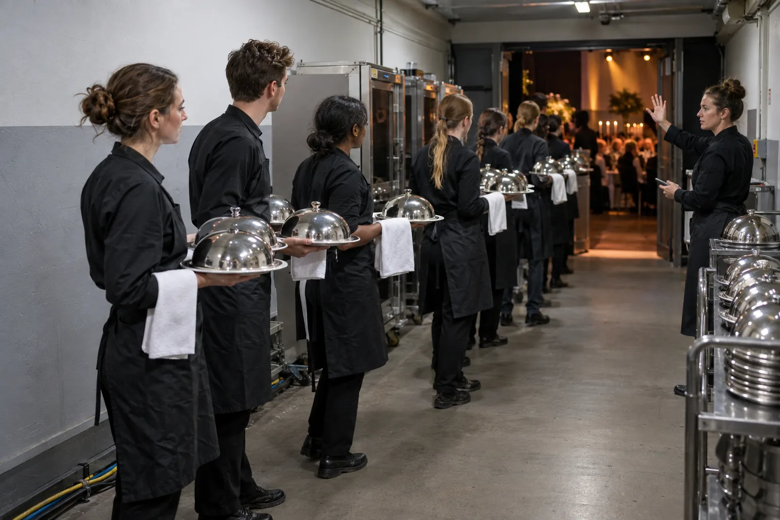Bedieningsmedewerkers halen borden van de uitgiftewagen bij een evenement
