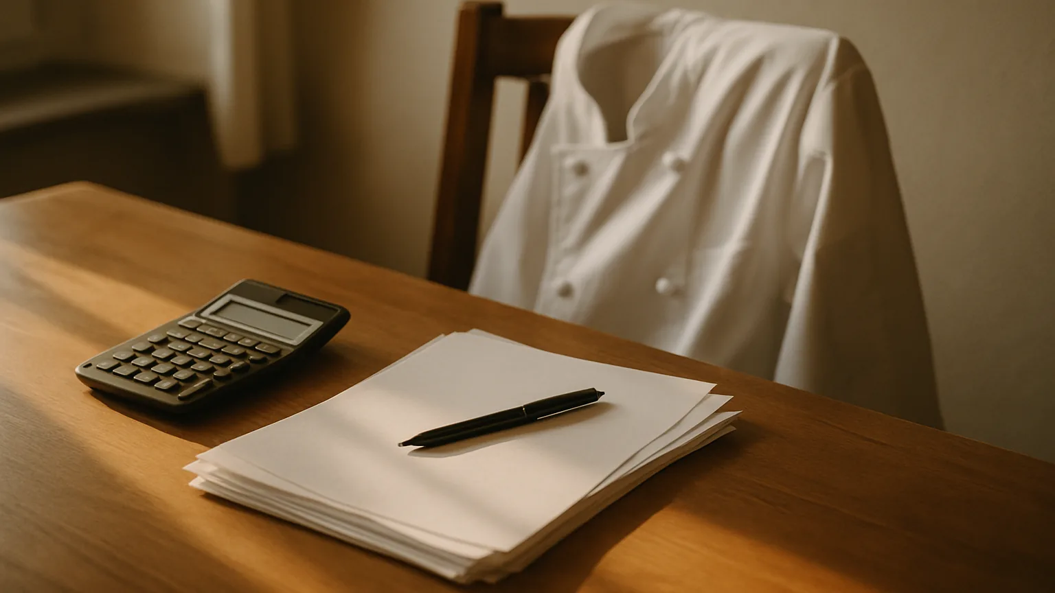 Rekenmachine, een stapel papier en een pen op een tafel, met een koksbuis over de stoel