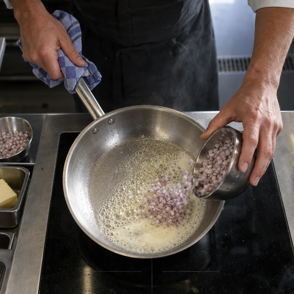 Handen van een kok werken met een pan tijdens de mise-en-place