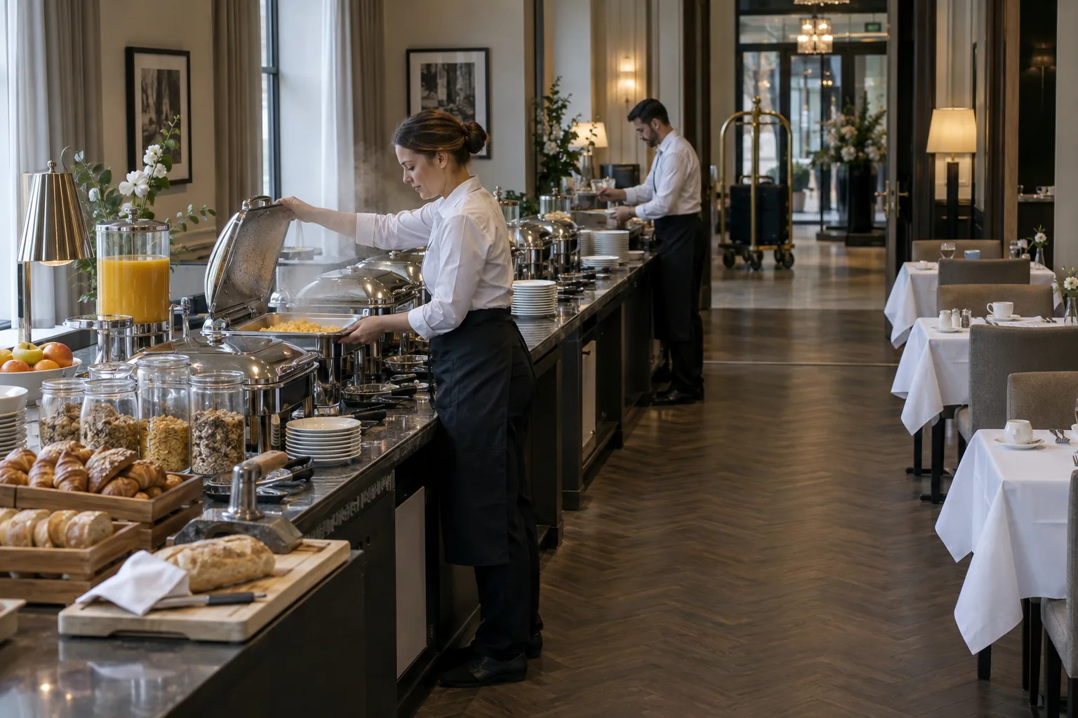 Medewerkers zetten het ontbijtbuffet klaar in een hotel