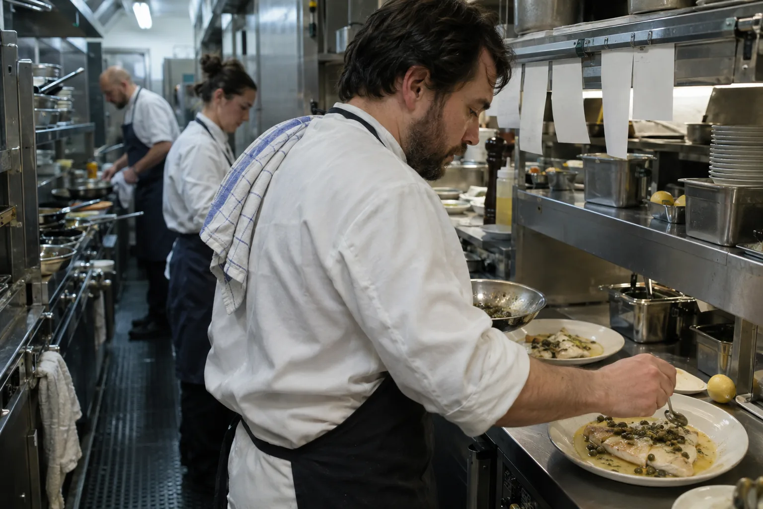 Drie koks werken langs elkaar in een smalle restaurantkeuken
