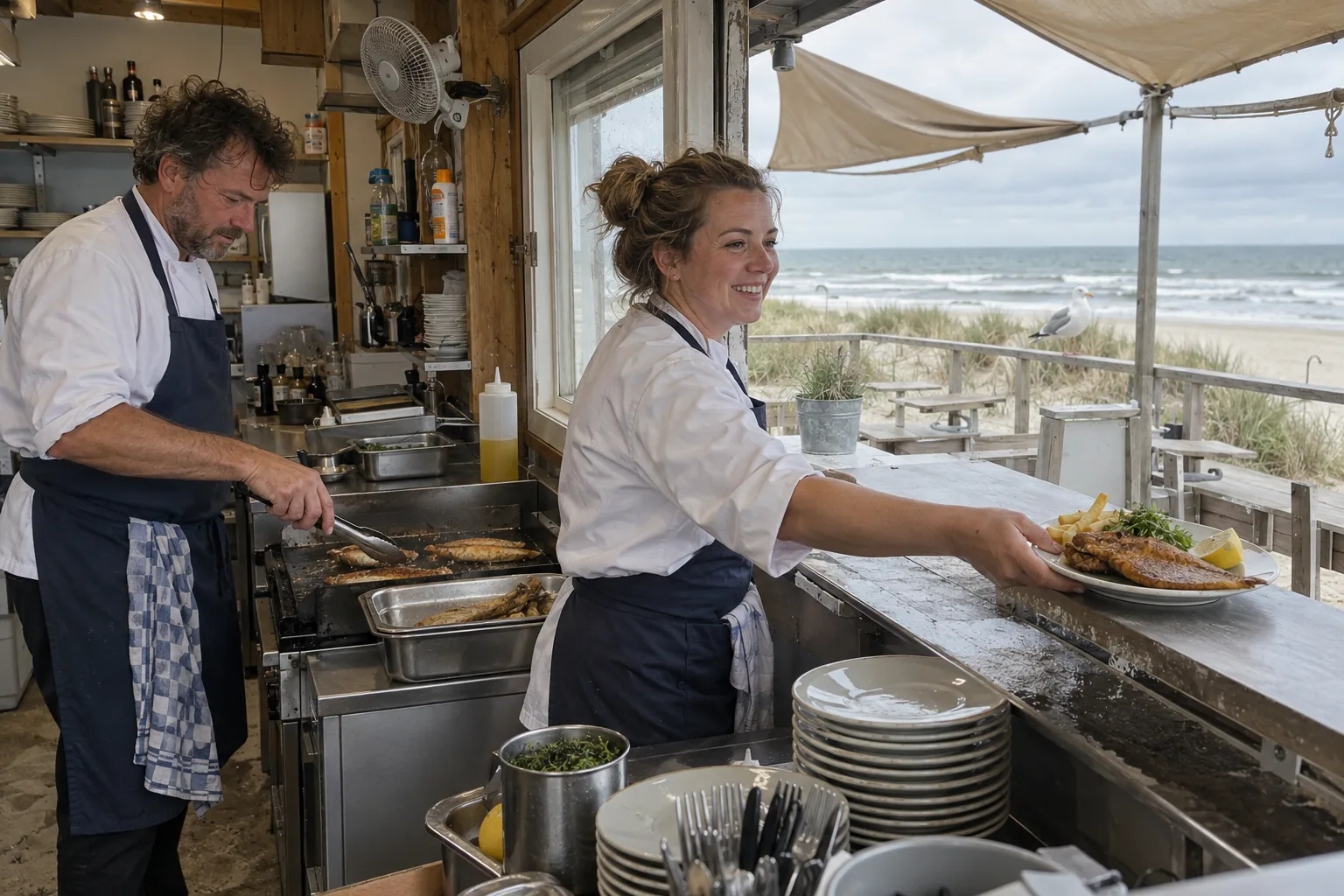 Twee koks in de keuken van een strandtent met het luik open naar zee