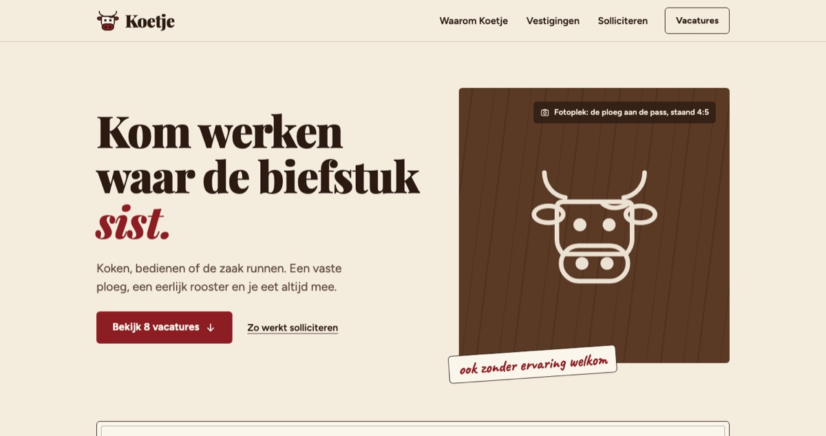 Voorbeeld van een werken-bij-website voor de verzonnen zaak Koetje
