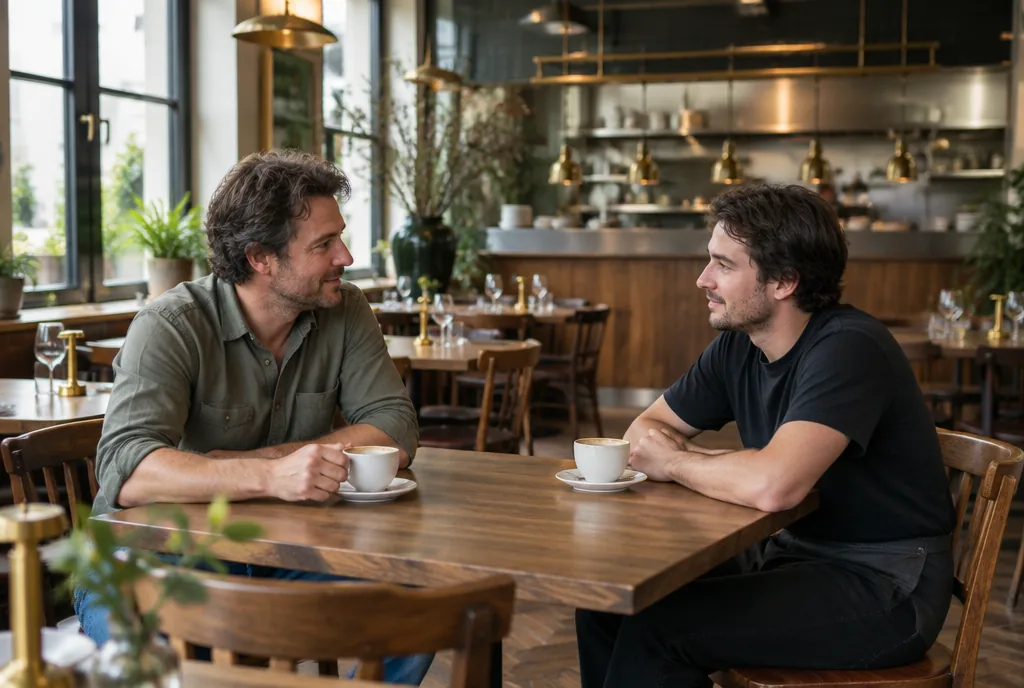 Ondernemer en kok in gesprek aan een tafel in een lege brasserie