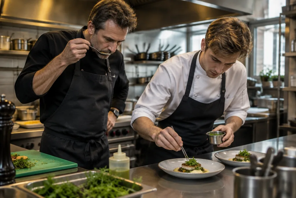 Chef proeft terwijl een kok een bord opmaakt aan de werkbank